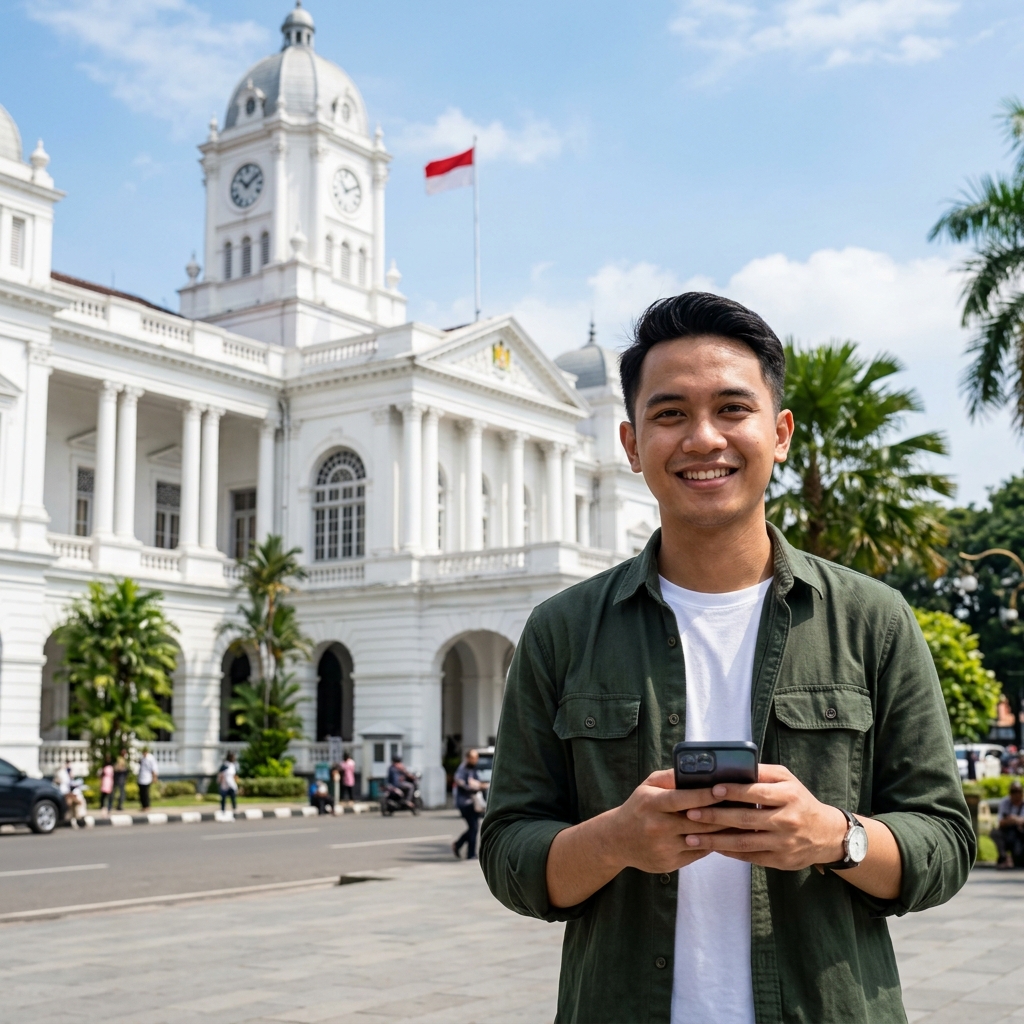 Warga Medan mengajukan layanan melalui smartphone di depan Balai Kota Medan